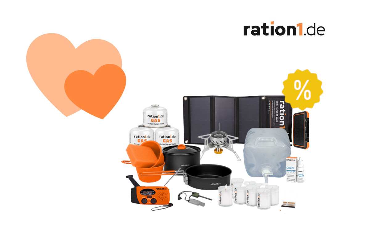 Notfallausrüstung auf weißem Hintergrund mit gelben Prozentzeichen und orangenen Herzen links sowie Ration1 Logo oben rechts