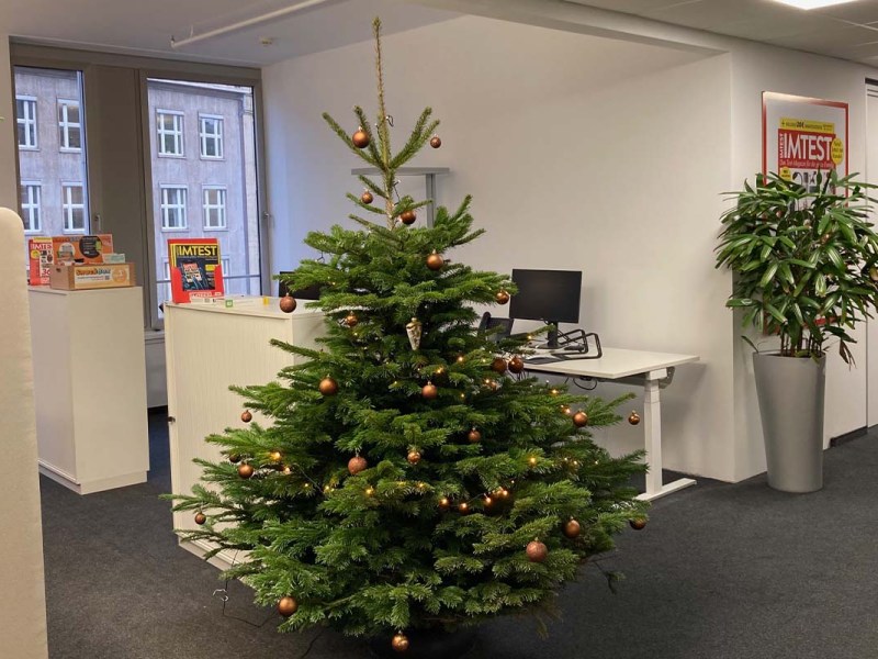 Geschmückter Weihnachtsbaum in einem Büro stehend