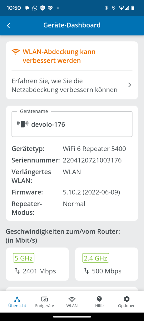 Ein App-Scrennshot der Devolo App mit den Parametern des Repeaters