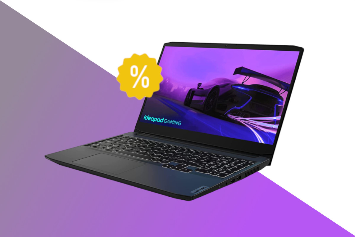 Schwarzes aufgeklapptes Lenovo Ideapad Gaming 3 Notebook mit lila Rennauto Spiele-Bild auf weißem Hintergrund mit grau lila Verlauf unten und gelben Prozentzeichen mittig