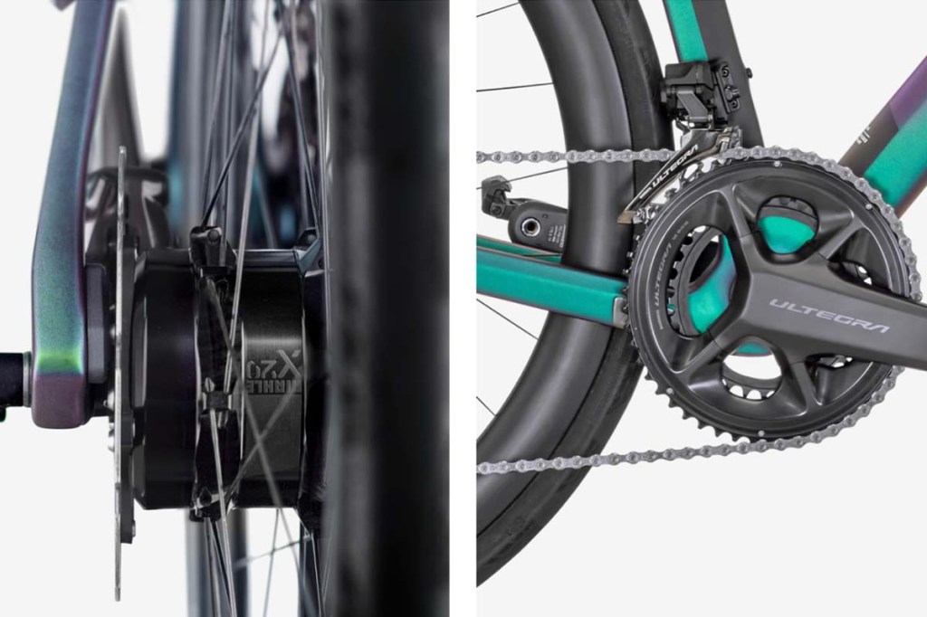 zweiteiltes Bild, nahaufnahmen E-Bike Reveal Plus von Rose, links close Hinterradnabenmotor, rechts Antrieb von der SEite