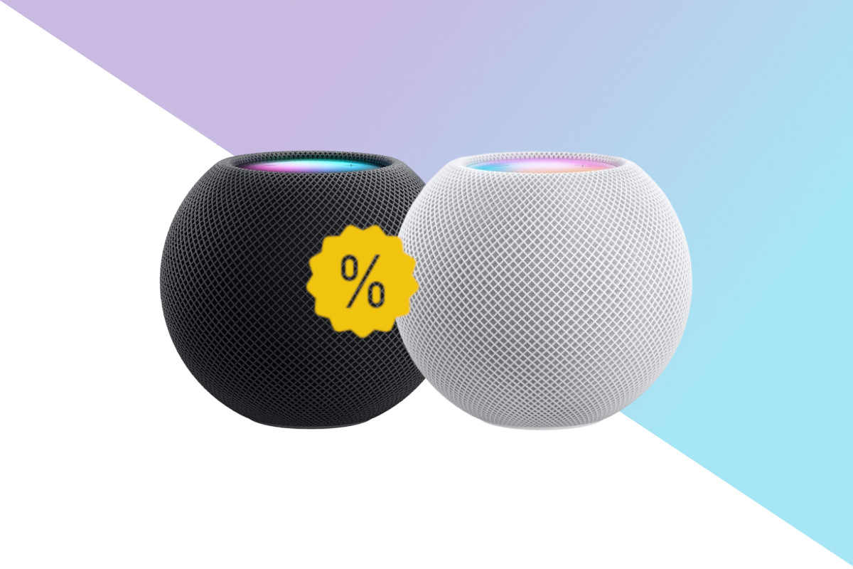 Schwarze und weiße Apple HomePod Kugeln nebeneinander auf weißem Hintergrund mit lila türkisem Farbverlauf oben und gelben Prozentzeichen mittig