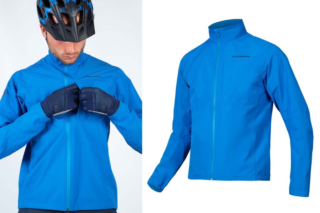 zweigeteiltes Bild: links: mann mit Regenjacke Hummvee von Endura, rechts Productshot der Jacke