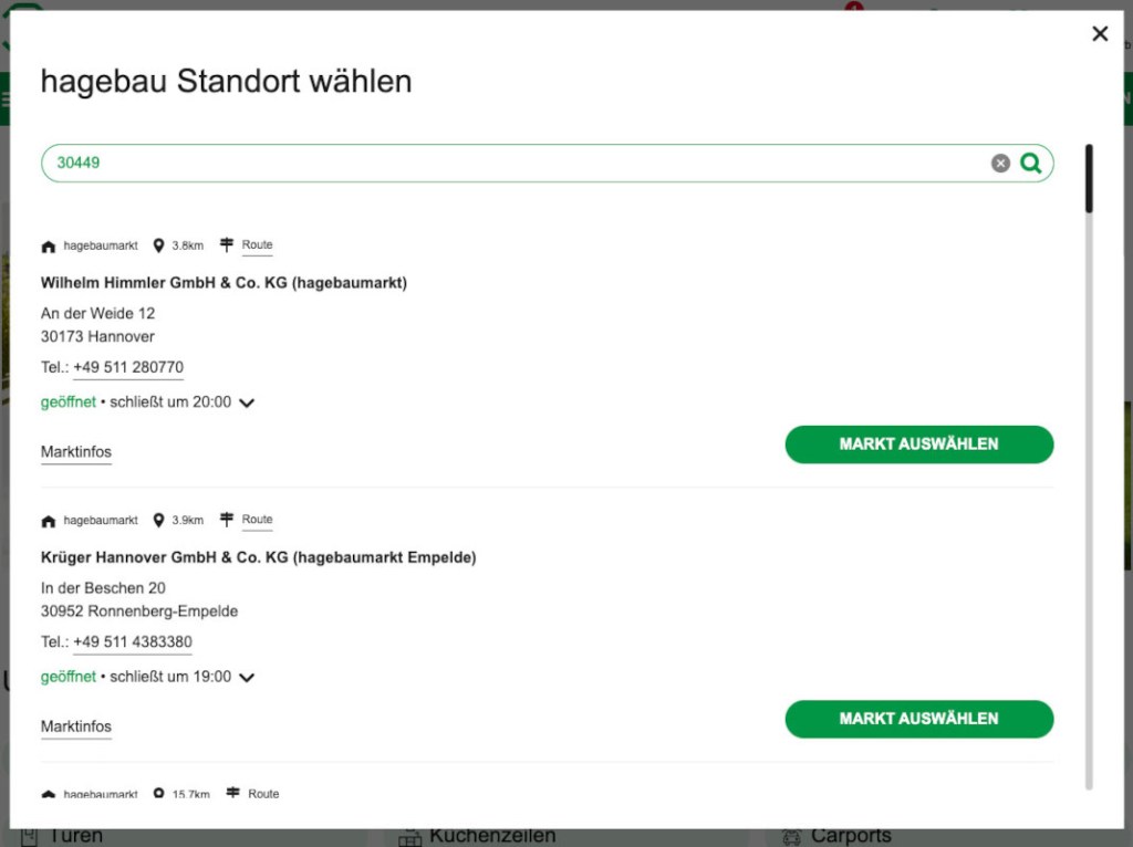 Screenshot weiß grünes Fenster zur Standort-Auswahl