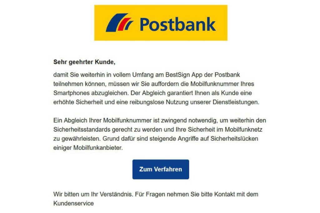 Screenshot einer Phishing-Mail, getarnt als Mail der Postbank.