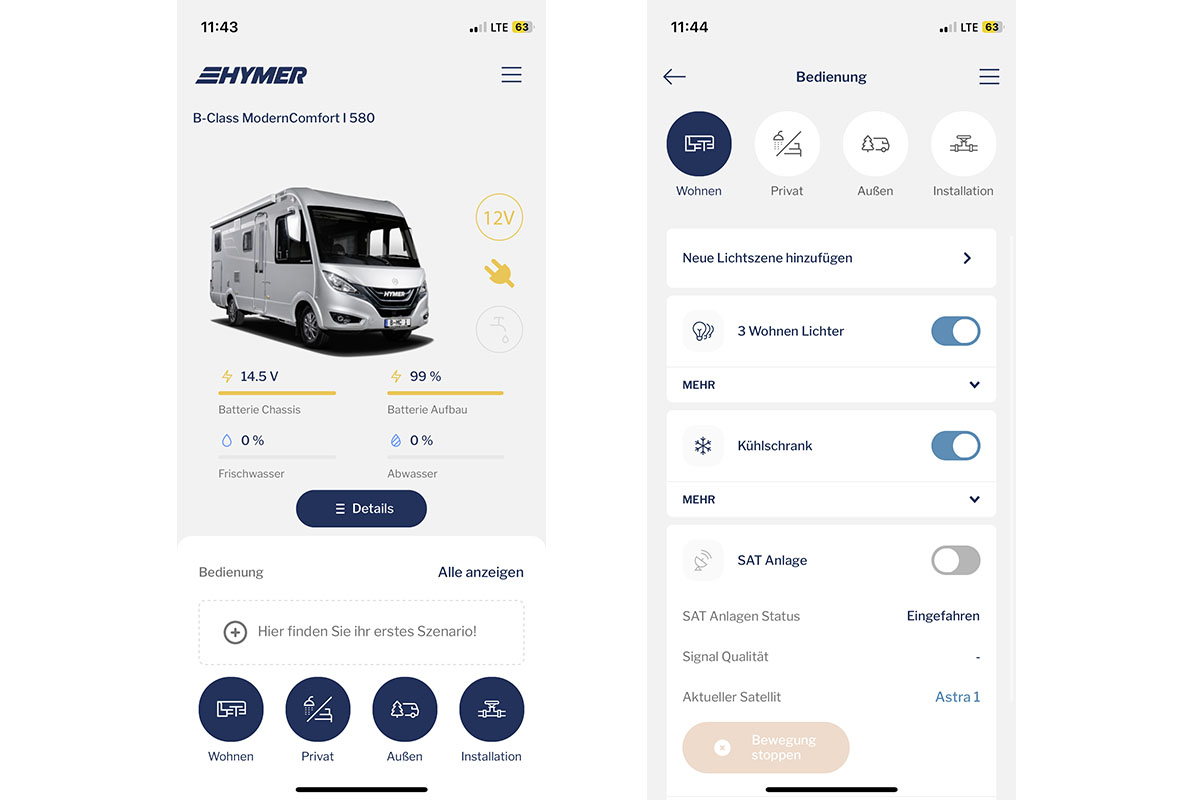 Screenshots der Bedien-App für das Wohnmobil Hymer B-Klasse Modern Comfort I 580