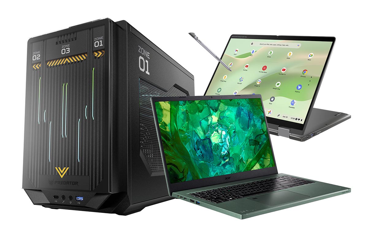 Der Acer Predator Orion X neben dem Aspire Vero 15 und dem Chromebook Spin 714.