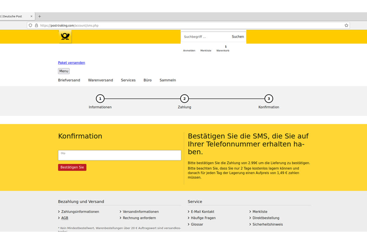 Phishing-Website imitiert DHL-Adressenabfrage