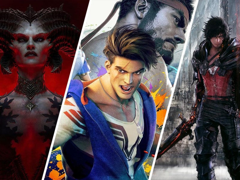 Aufmacher-Grafik, die drei Videospiele zeigt: Diablo 4, Street Fighter 6 und Final Fantasy 16.