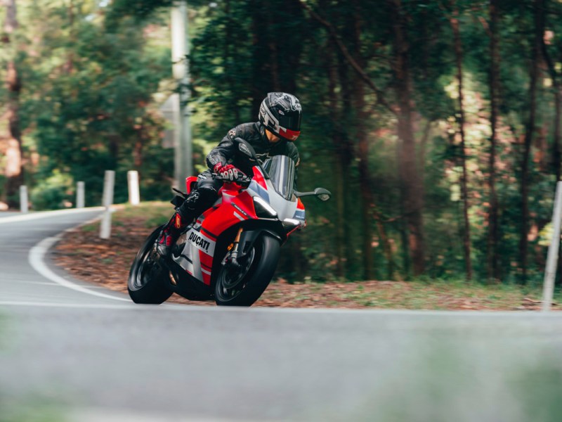 Eine Person fährt auf einem Motorrad in der Kurve.