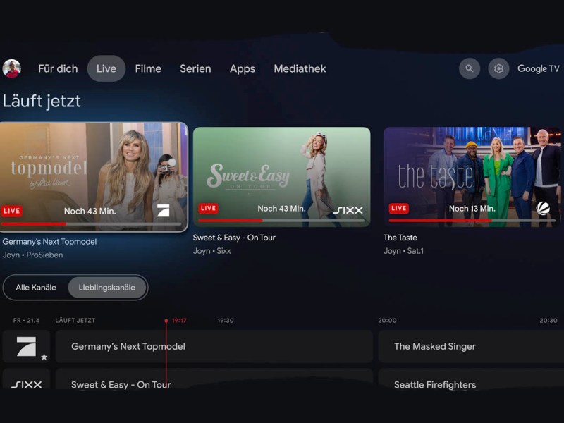 Screenshot des neuen Layouts bei Google TV mit Livestreams