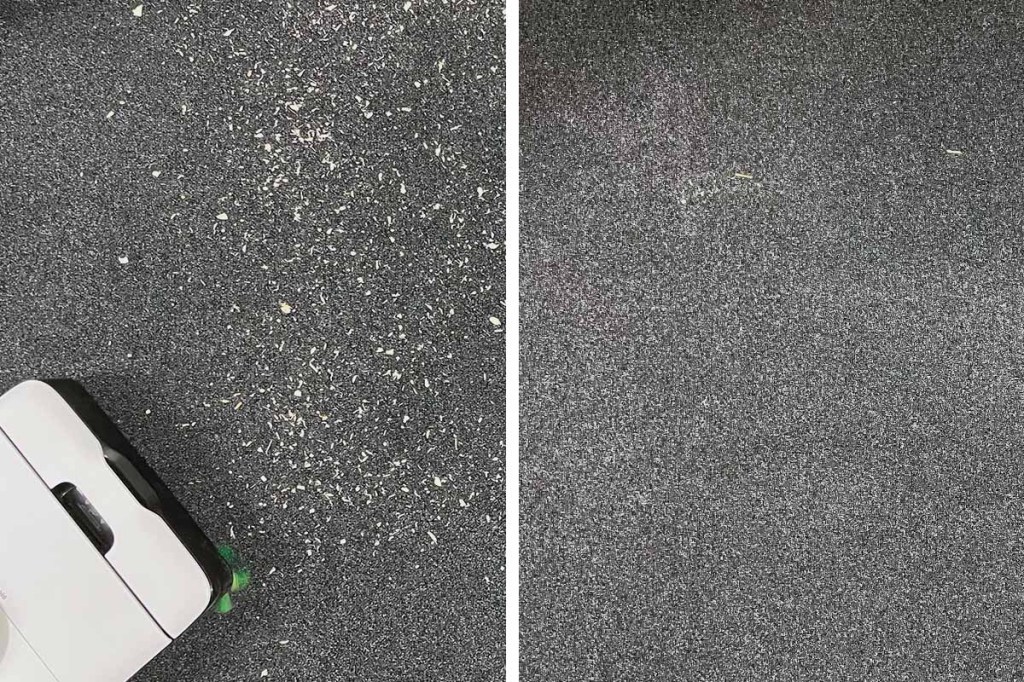 Vorher-Nacher-Vergleich beim Saugtest auf Teppich.