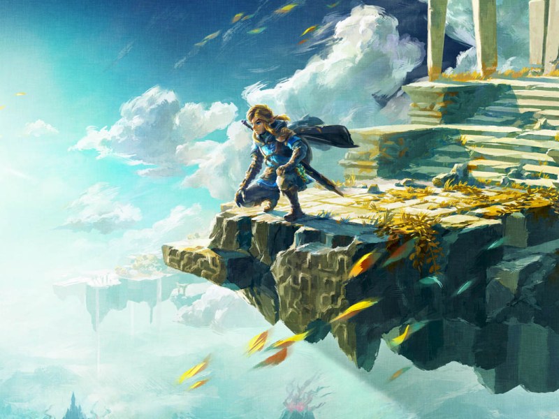 Artwork von Zelda: Tears of the Kingdom. Held Link schaut von einer Himmelsinsel herab.