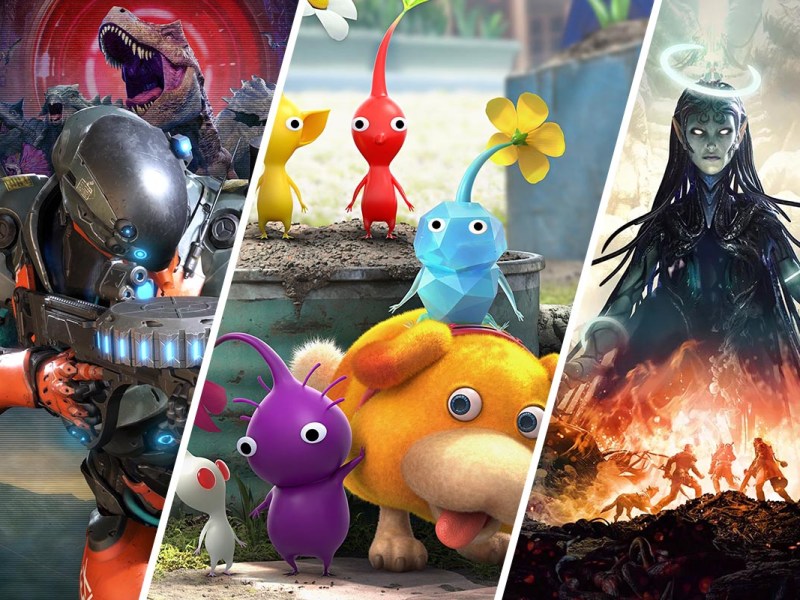 Die Spiele Pikmin 4, Remnant 2 und Exoprimal auf einem dreigeteiltem Bild.