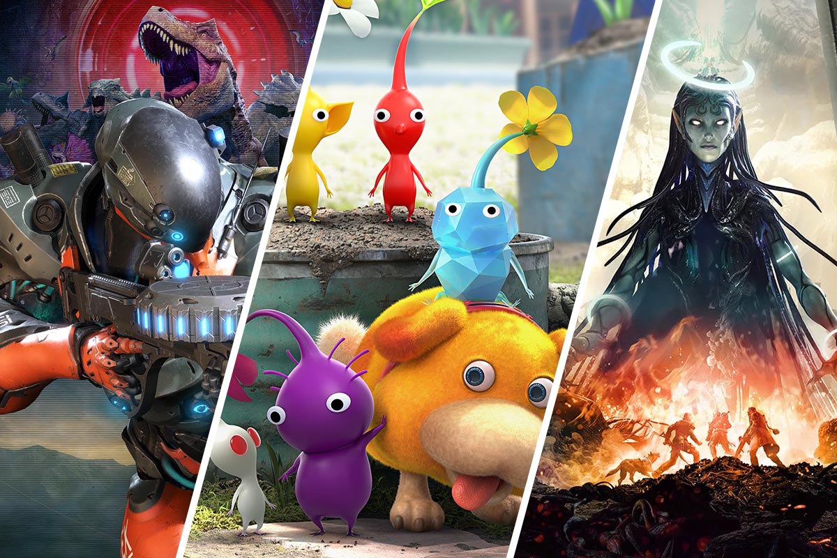 Die Spiele Pikmin 4, Remnant 2 und Exoprimal auf einem dreigeteiltem Bild.