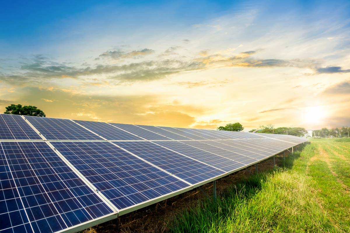 Eine Solaranlage auf einer grünen Wiese mit Sonnenschein.