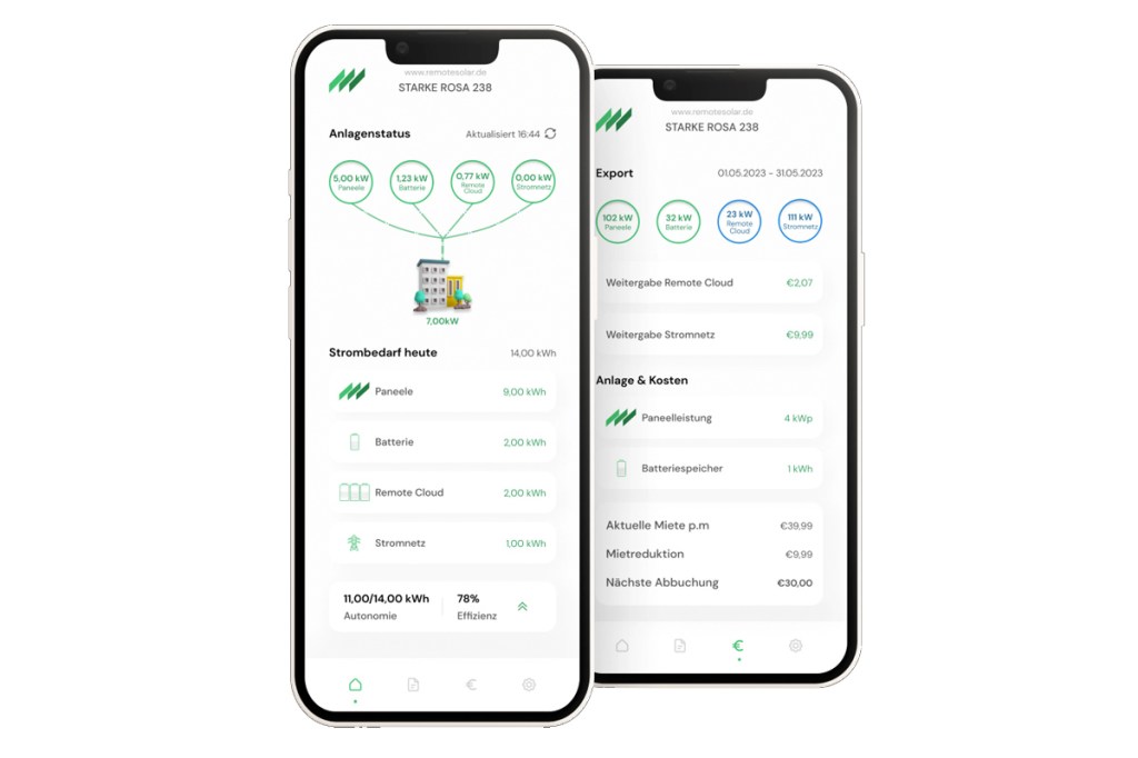 Zwei Screenshots der RemoteSolar-App auf Handys.