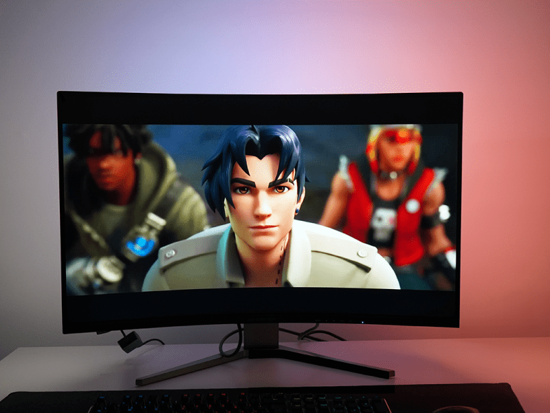 Gaming-Monitor mit Ambilight vor einer weißen Wand, auf dem Monitor eine Figur aus Fortnite.