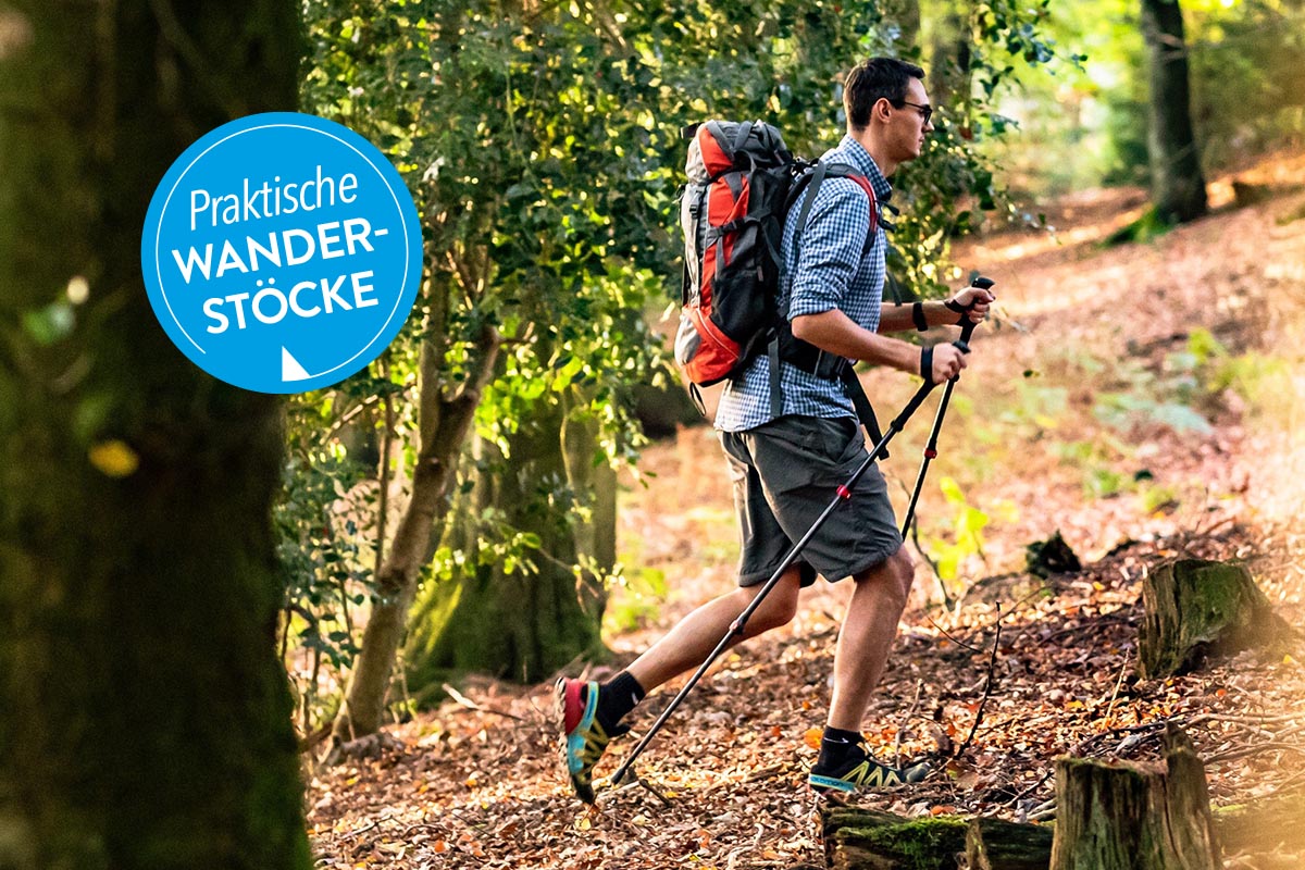 Mann mit Wanderstöcken im Wald spazierend.