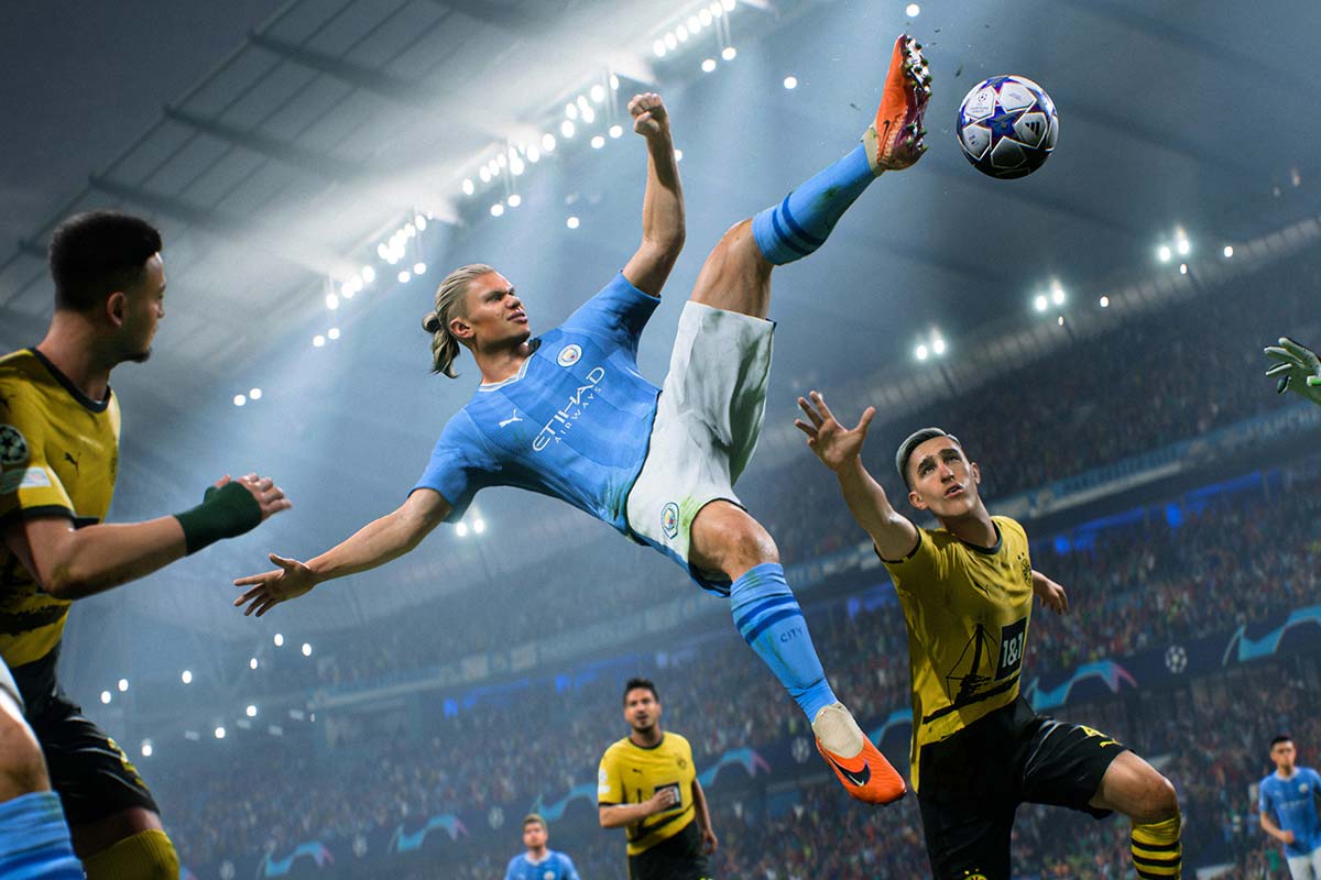 Bild aus dem neuen EA Sports FC24, das Erling Haaland zeigt.