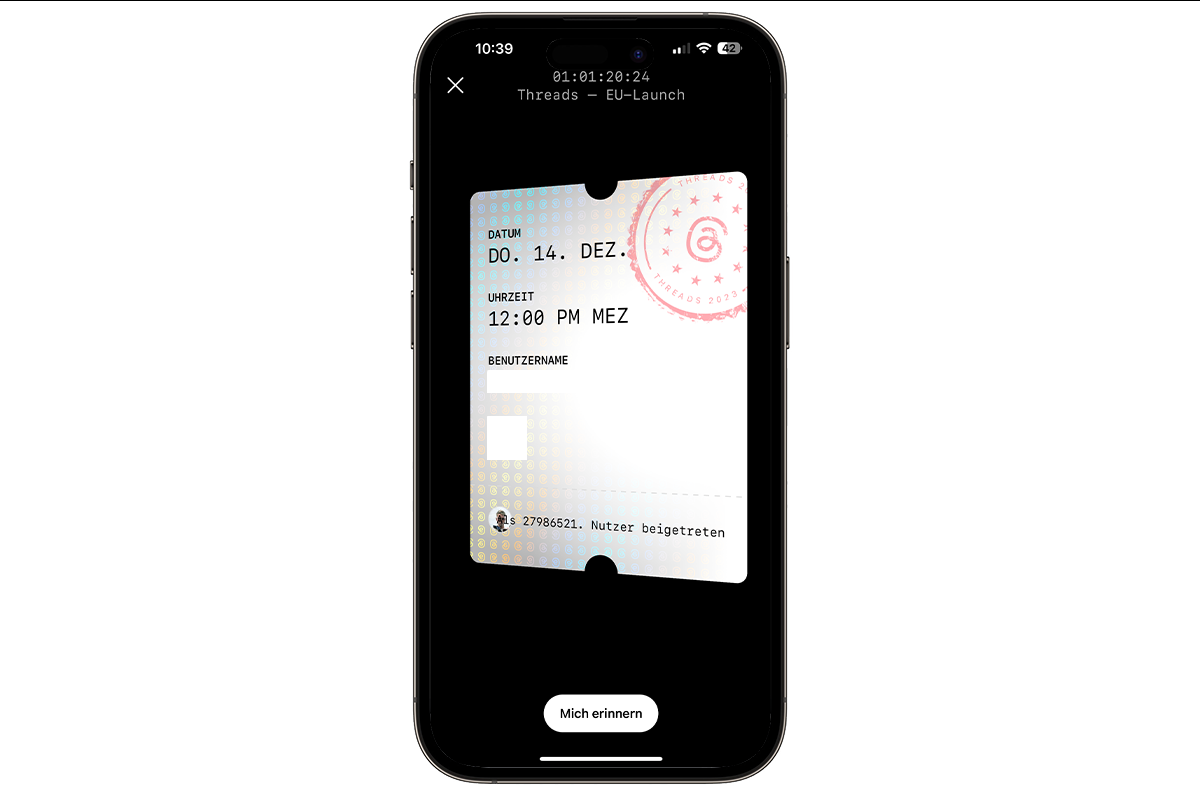 Das Threads-Ticket auf einem Smartphone-Bildschirm.