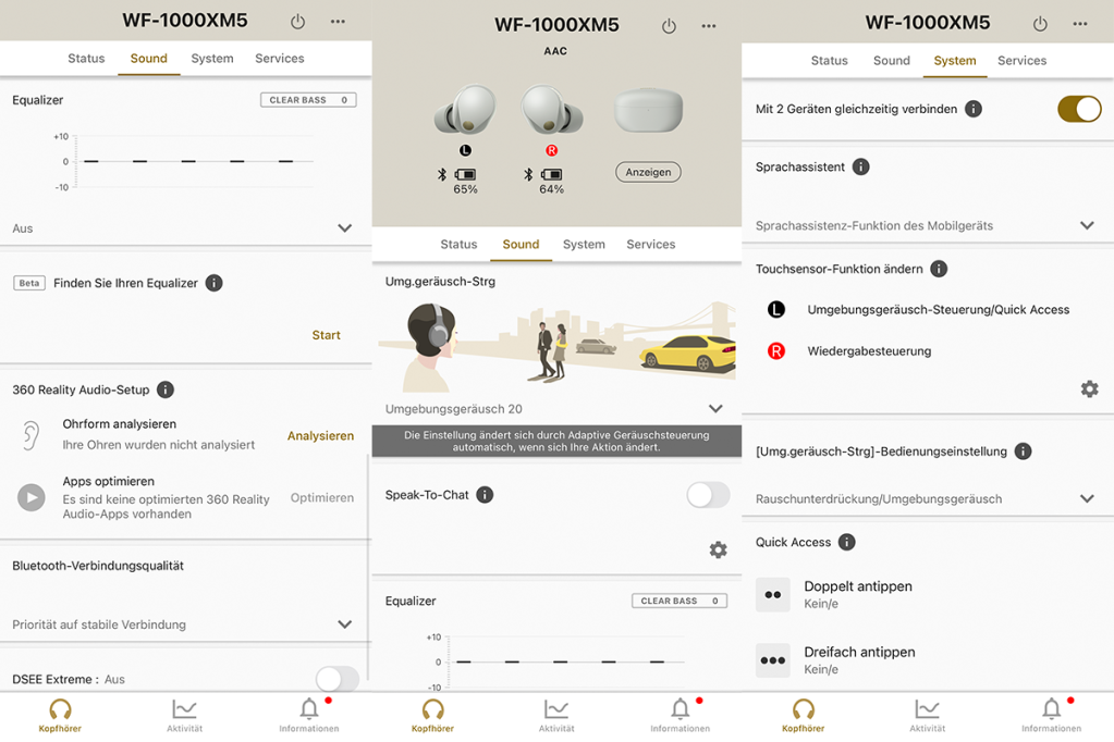 Die Bildschirme der Sony-App für In-Ear-Kopfhörer nebeneinander angeordnet.