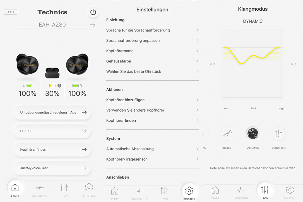 Die Bildschirme der Technics-App für Kopfhörer nebeneinander angeordnet.