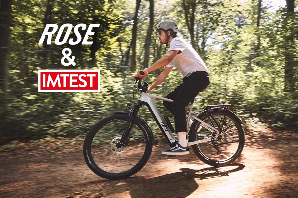 Person auf einem E-Bike von Rose im Wald.