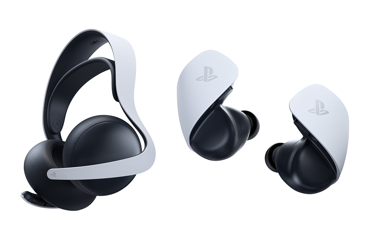 Schwarz-weißes Headset und ähnlich designte In-Ear-Kopfhörer der Marke PlayStation.