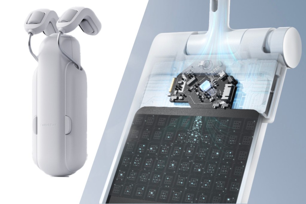 Ein zweigeteiltes Bild: Der neue SwitchBot Curtian 3 links und rechts das zugehörige Solarpanel mit schematischer Darstellung des Energieflusses.