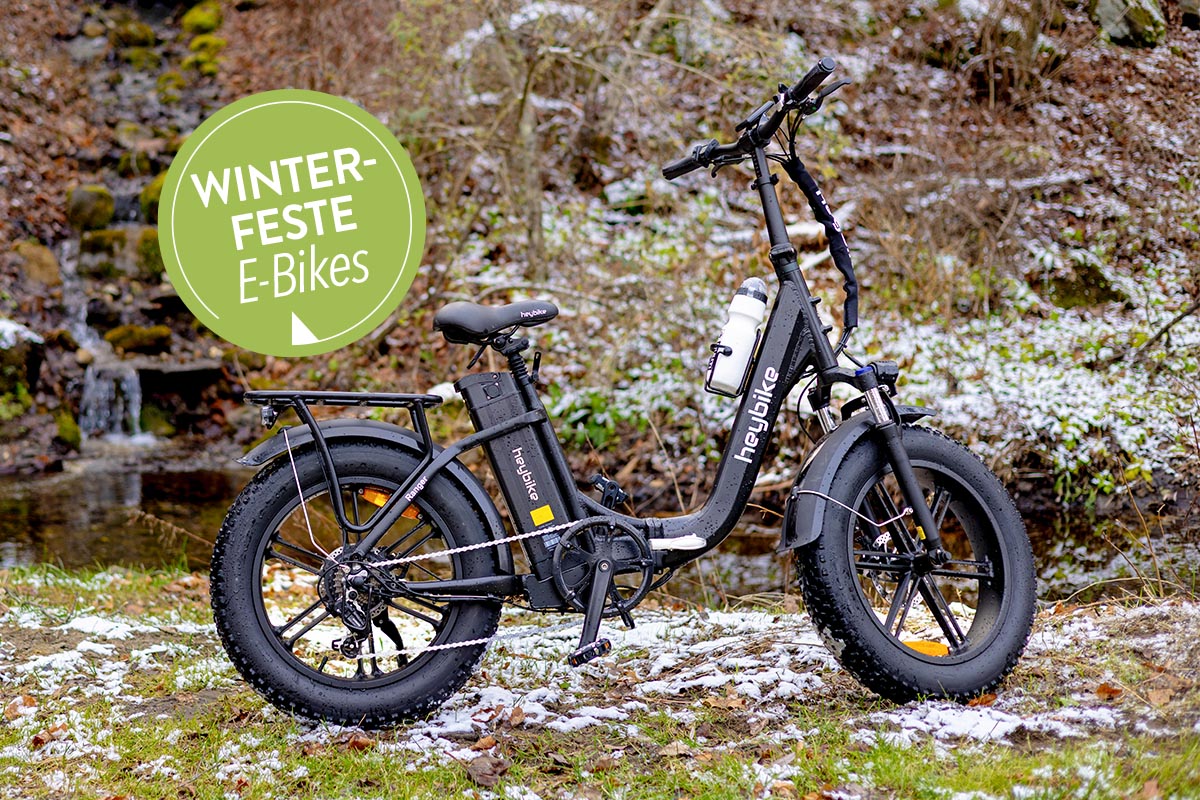 E-Bike auf einem Rasen mit Schnee.