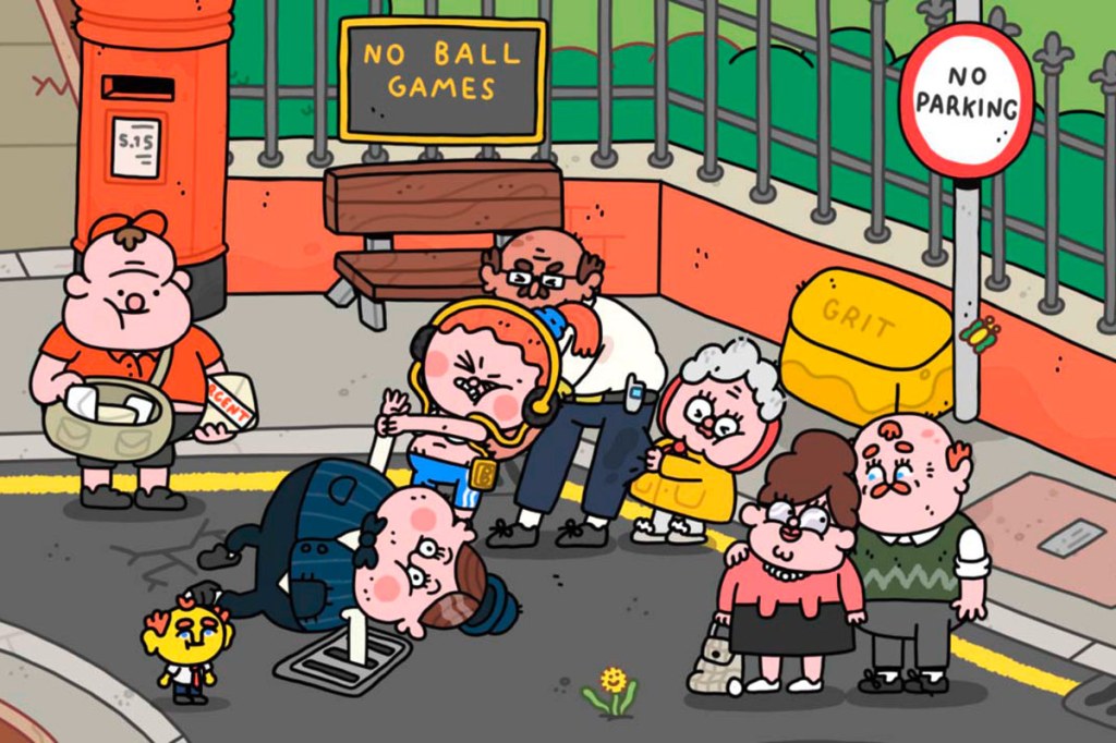 Screenshot vom Spiel Thank Goodness You're Here, man sieht eine Kleinstadt-Szene in Cartoon-Optik.