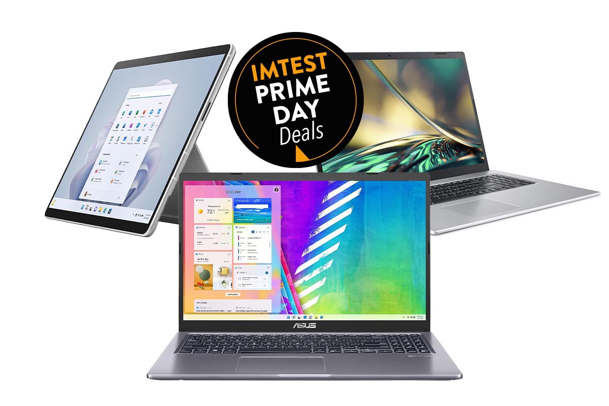 Drei aufgeklappte Notebooks in Dreieck angeordnet, das linke ein Microsoft Convertible aufgestellt, in der Mitte oben ein schwarzer Button "IMTEST Prime Day Deals"