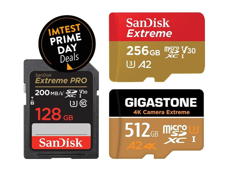 Productshots dreier SD-Speicherkarten, darüber der Amazon Prime Button