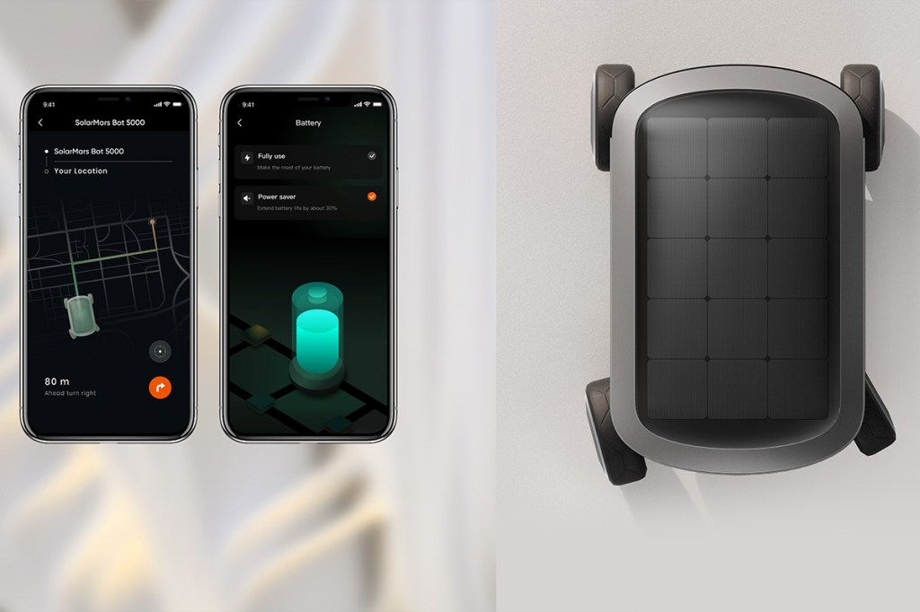 Ein zweigeteiltes Bild: links zwei Handys mit geöffneter Jackery-App, rechts der neue Solar Mars Bot von oben.