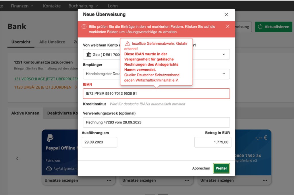 Lexoffice Gefahrenabwehr Betrug Beispiel
