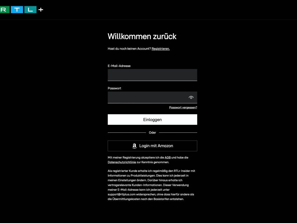 Screenshot des Anmeldeformulars auf RTL Plus