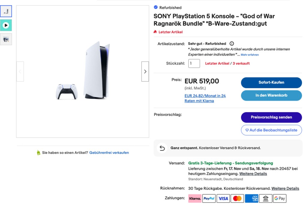 Ebay-Konsolen-Anzeige auf Ebay mit PlayStation 5 in der Mitte.