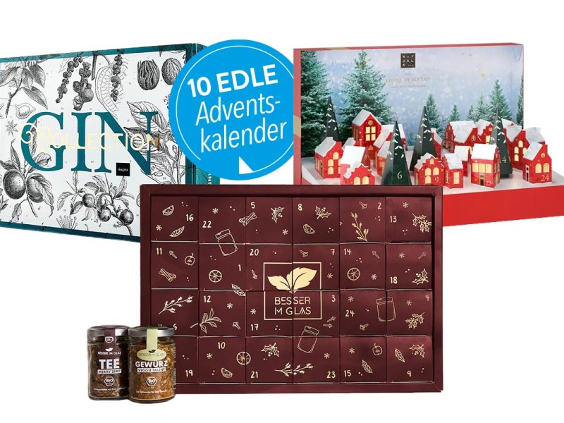 Drei hochwertige Adventskalender verschiedener Hersteller auf weißem Grund.