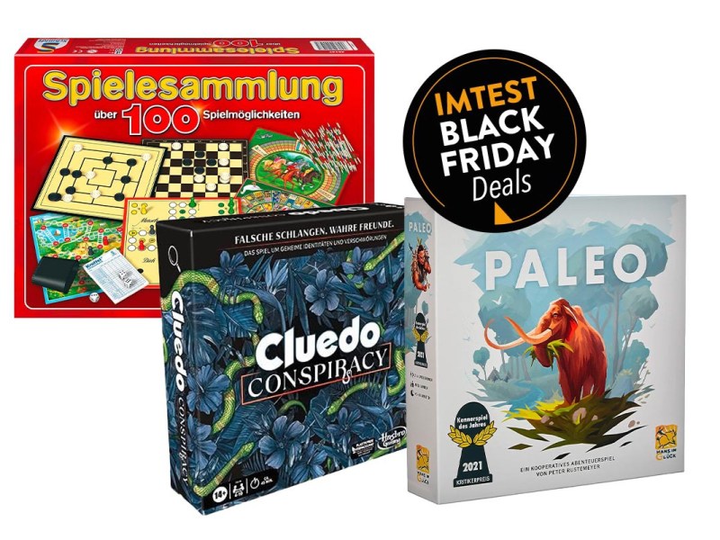 Eine rote Schmidt-Spielesammlung sowie Paleo und Cluedo