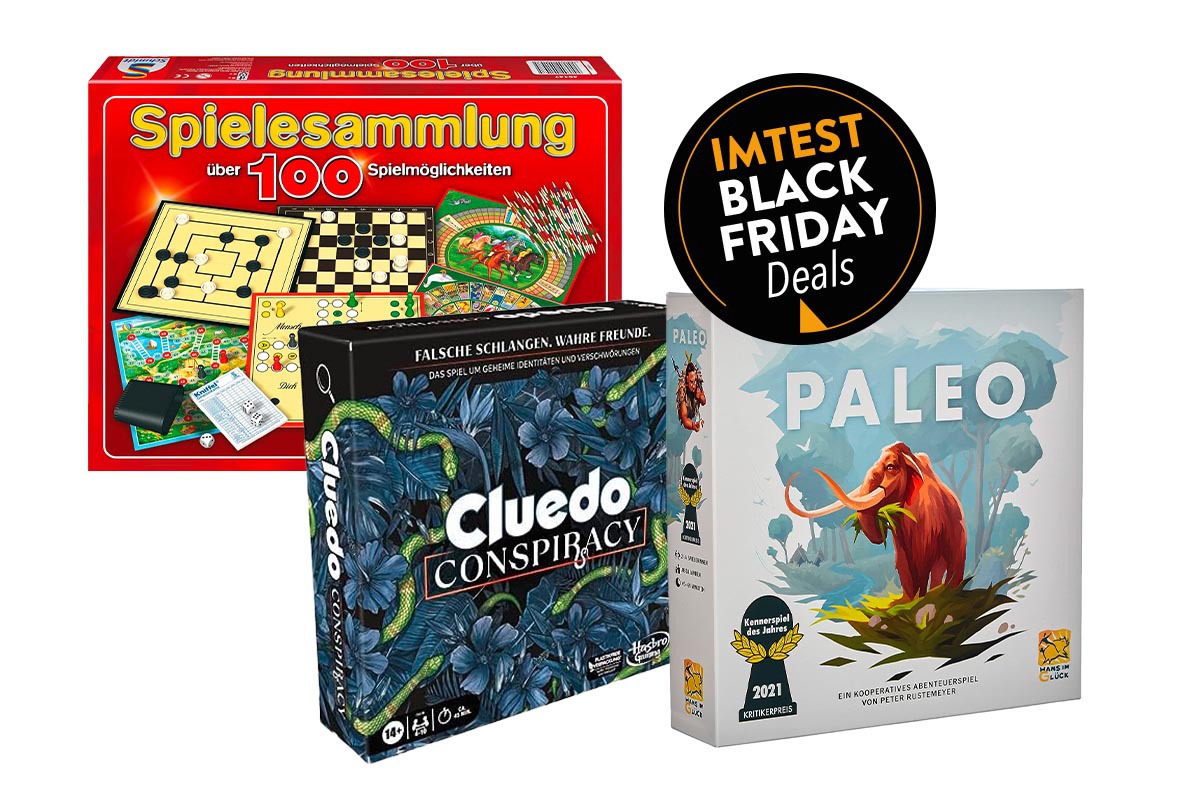 Eine rote Schmidt-Spielesammlung sowie Paleo und Cluedo