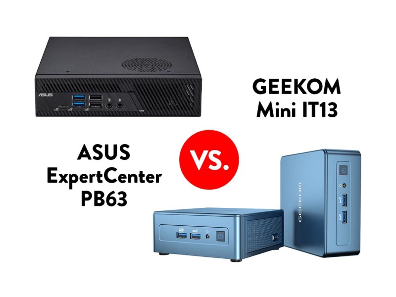 Mini-PCs von Asus und Geekom auf weißem Grund.