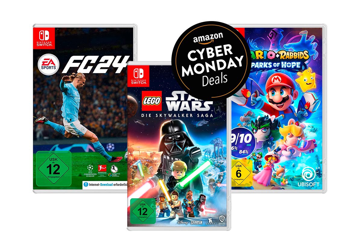 Drei Nintendo Switch-Spiele in Reihe: Links FC24, in der Mitte Lego Star Wars, rechts Super Mario auf weißem Hintergrund mit schwarzem Button rechts oben "Amazon Cyber Monday Deals"