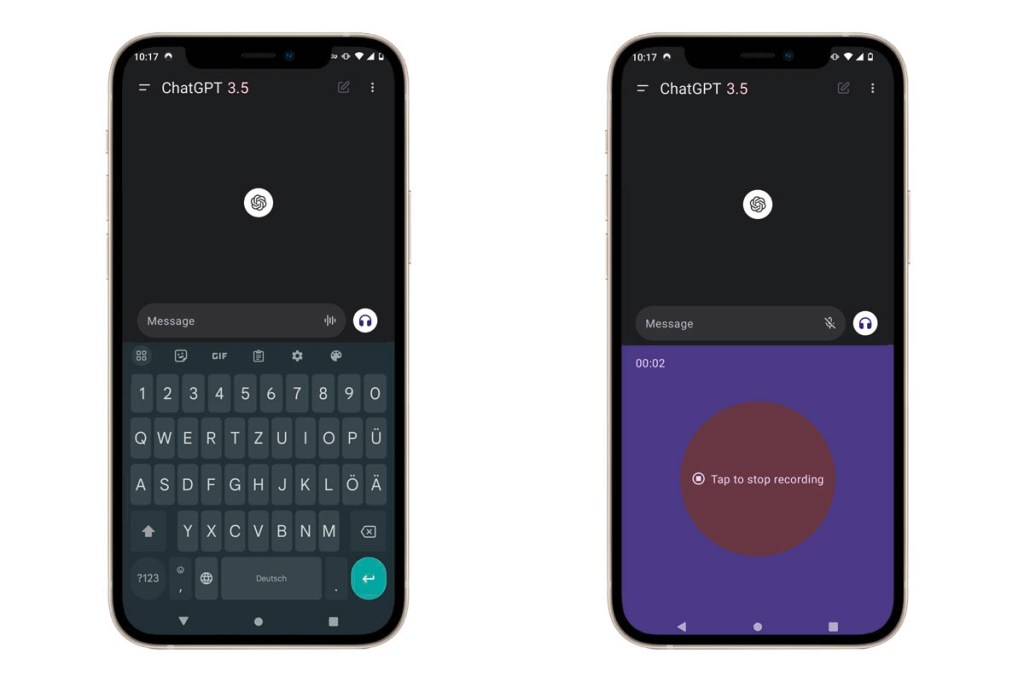 Zwei Screenshots des ChatGPT-Sprachmoduls auf weißem Hintergrund