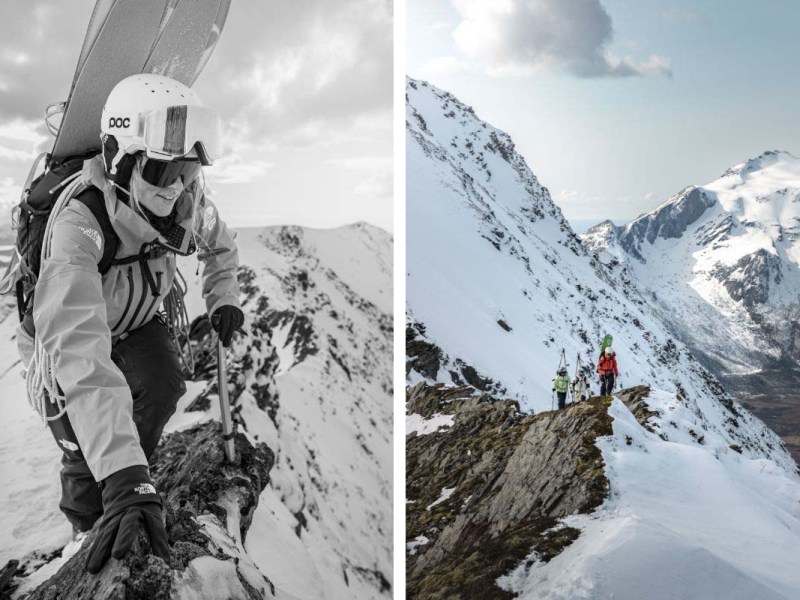 zweigeteiltes Bild, auf beiden sieht man personen bei einer Skitour, dabei tragen sie die Skier am Rucksack und gehen den Berg hoch, dabei tragen sie einen Helm