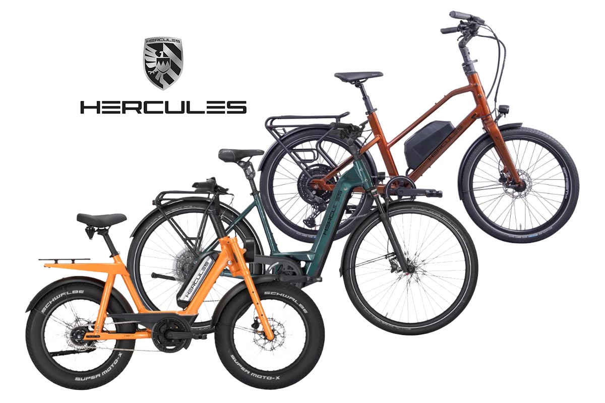 Drei neue E-Bikes von Hercules auf weißem Grund.