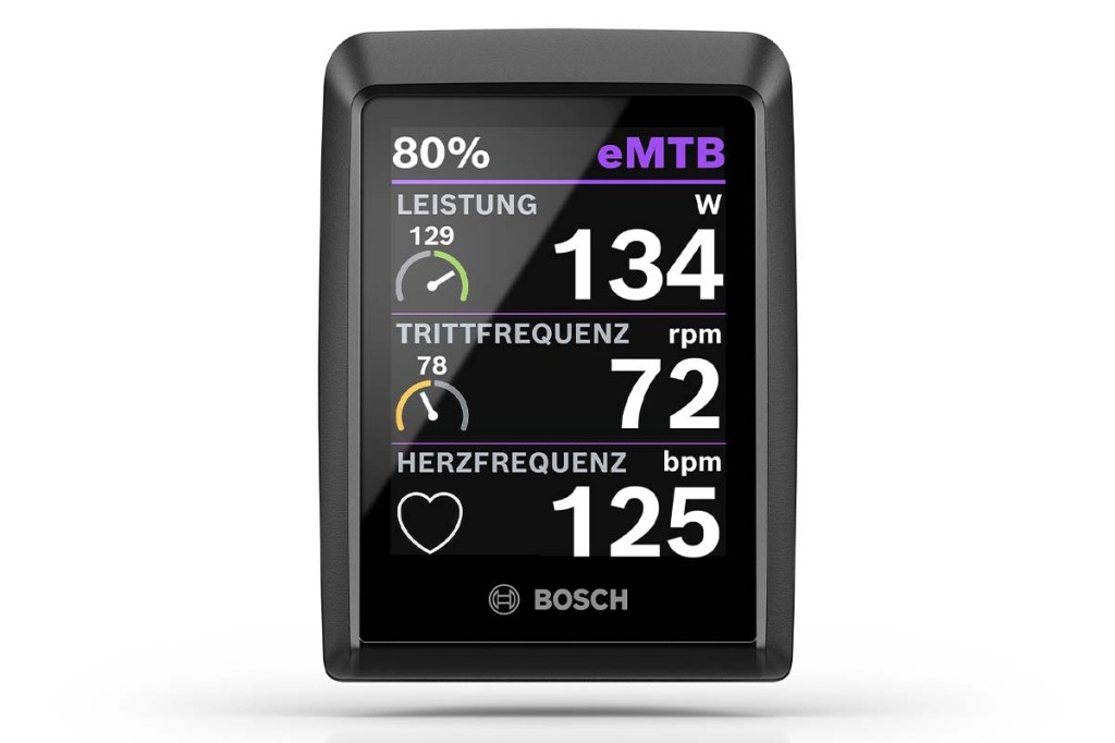 Anzeige Bosch e-Bike Display, man sieht u.a. die aktuelle Herzfrequenz