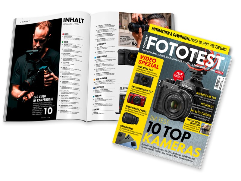 Die neue Fototest 1/24 aufgeschlagen und mit Cover, das vor allem die Nikon Z f in groß zeigt.