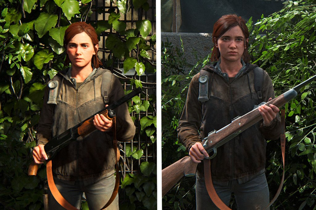 Ein Screenshot aus dem Videospiel The Last of Us Part 2. Links die PS4-Fassung, rechts das PS5-Remaster.