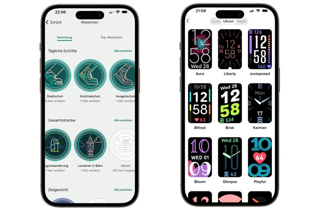 Zwei Bilder aus der Fitbit-Smartphone-App. Zu sehen sind Fitness-Abzeichen und der Ziffernblatt-Shop.